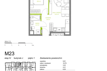 Rzut - Mieszkanie na sprzedaż 2 pokoje o powierzchni 36,2 m² - numer J-M23 w Zielona Dolina IV