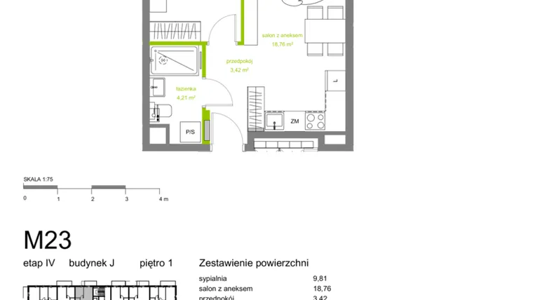 Rzut - Mieszkanie na sprzedaż 2 pokoje o powierzchni 36,2 m² - numer J-M23 w Zielona Dolina IV