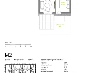 Rzut - Mieszkanie na sprzedaż 2 pokoje o powierzchni 36,91 m² - numer K-M02 w Zielona Dolina IV
