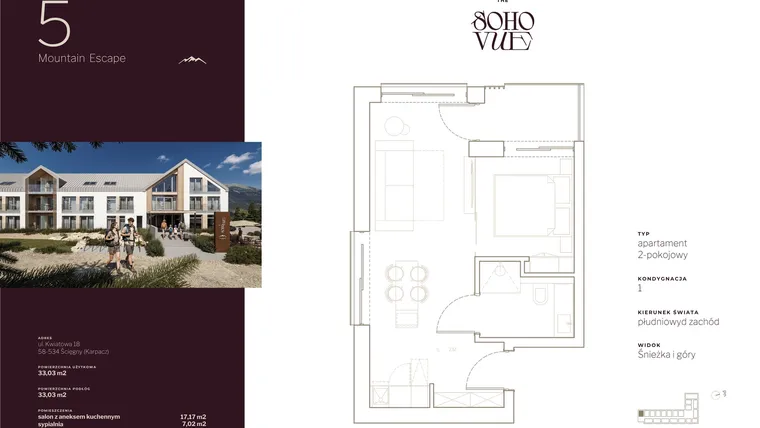 Rzut - Mieszkanie na sprzedaż 2 pokoje o powierzchni 33,03 m² - numer 5 w SOHO VUE CHILL & SPA RESORT
