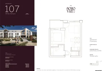 Rzut - Mieszkanie na sprzedaż 2 pokoje o powierzchni 27,93 m² - numer 107 w SOHO VUE CHILL & SPA RESORT