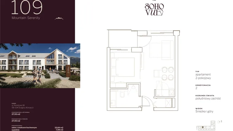 Rzut - Mieszkanie na sprzedaż 2 pokoje o powierzchni 27,93 m² - numer 109 w SOHO VUE CHILL & SPA RESORT