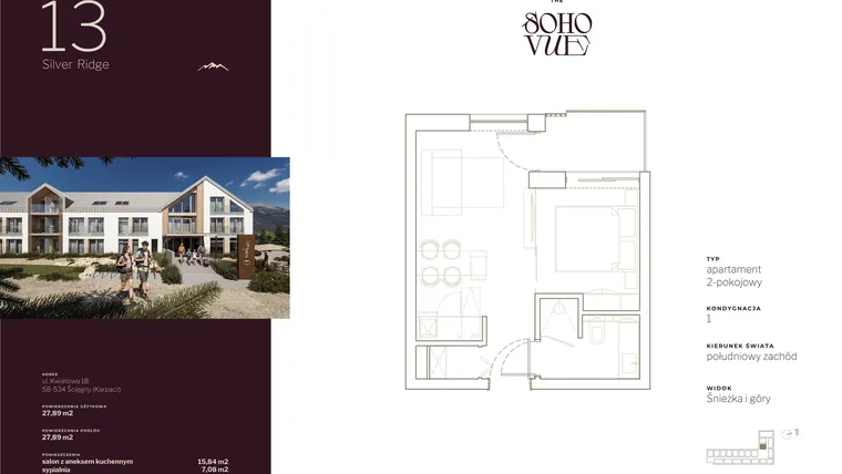 Rzut - Mieszkanie na sprzedaż 2 pokoje o powierzchni 27,89 m² - numer 13 w SOHO VUE CHILL & SPA RESORT