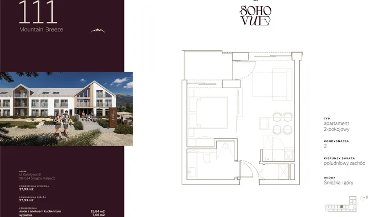 Rzut - Mieszkanie na sprzedaż 2 pokoje o powierzchni 27,93 m² - numer 111 w SOHO VUE CHILL & SPA RESORT