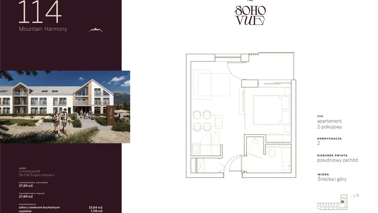 Rzut - Mieszkanie na sprzedaż 2 pokoje o powierzchni 27,89 m² - numer 114 w SOHO VUE CHILL & SPA RESORT