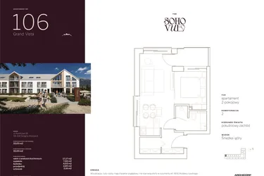 Rzut - Mieszkanie na sprzedaż 2 pokoje o powierzchni 33,03 m² - numer 106 w SOHO VUE CHILL & SPA RESORT