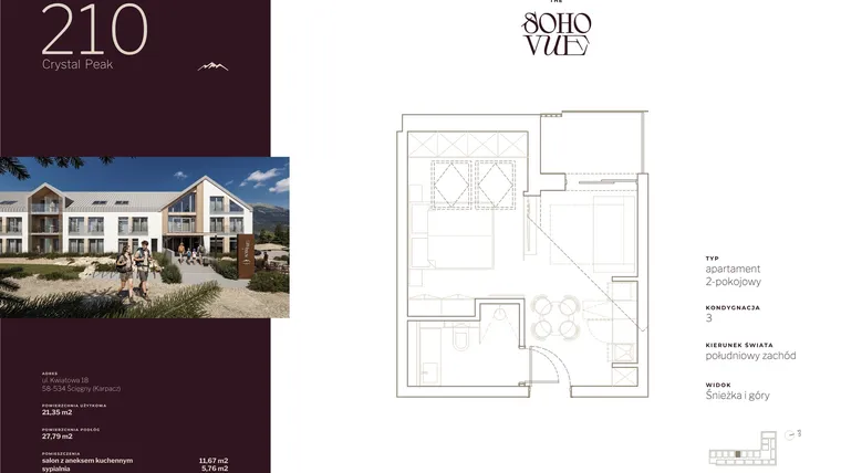 Rzut - Mieszkanie na sprzedaż 2 pokoje o powierzchni 27,79 m² - numer 210 w SOHO VUE CHILL & SPA RESORT
