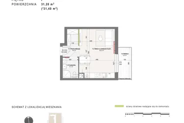 Rzut - Mieszkanie na sprzedaż 1 pokój o powierzchni 31,2 m² - numer A-4-2 w Rabatki etap II