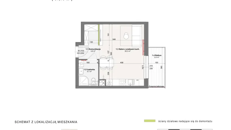 Rzut - Mieszkanie na sprzedaż 1 pokój o powierzchni 31,2 m² - numer A-4-2 w Rabatki etap II