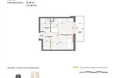 Rzut - Mieszkanie na sprzedaż 1 pokój o powierzchni 31,4 m² - numer A-4-1 w Rabatki etap II