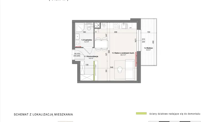 Rzut - Mieszkanie na sprzedaż 1 pokój o powierzchni 31,4 m² - numer A-4-1 w Rabatki etap II
