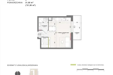 Rzut - Mieszkanie na sprzedaż 1 pokój o powierzchni 31,6 m² - numer A-4-10 w Rabatki etap II