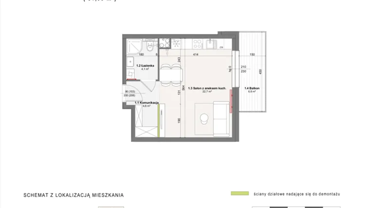 Rzut - Mieszkanie na sprzedaż 1 pokój o powierzchni 31,6 m² - numer A-4-10 w Rabatki etap II