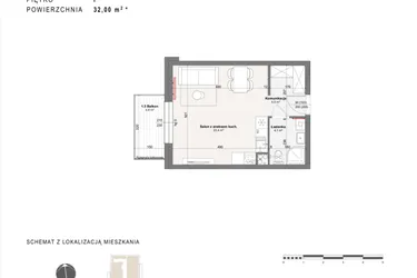 Rzut - Mieszkanie na sprzedaż 1 pokój o powierzchni 32 m² - numer A-4-7 w Rabatki etap II