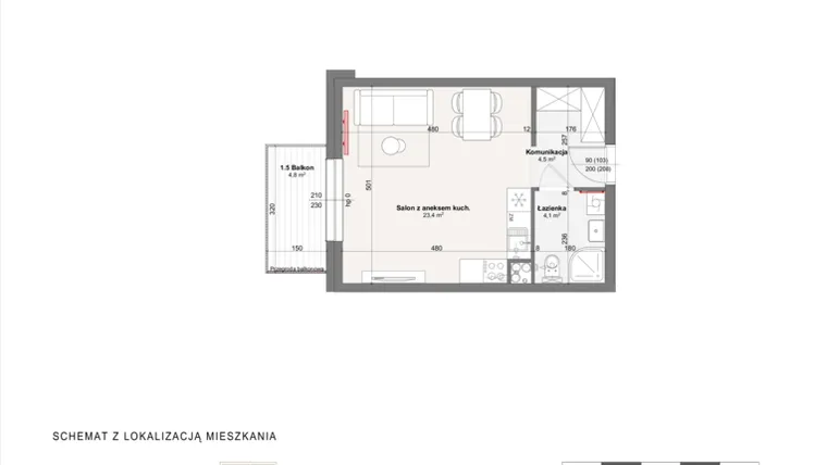 Rzut - Mieszkanie na sprzedaż 1 pokój o powierzchni 32 m² - numer A-4-7 w Rabatki etap II