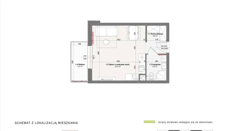 Rzut - Mieszkanie na sprzedaż 1 pokój o powierzchni 32,2 m² - numer A-4-16 w Rabatki etap II