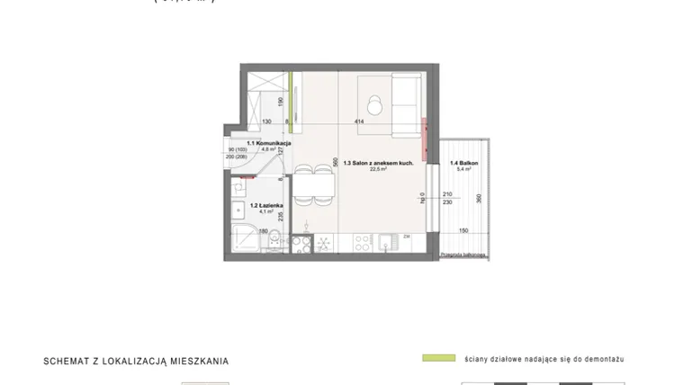 Rzut - Mieszkanie na sprzedaż 1 pokój o powierzchni 31,4 m² - numer A-4-20 w Rabatki etap II