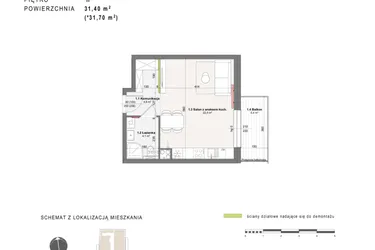 Rzut - Mieszkanie na sprzedaż 1 pokój o powierzchni 31,4 m² - numer A-4-11 w Rabatki etap II