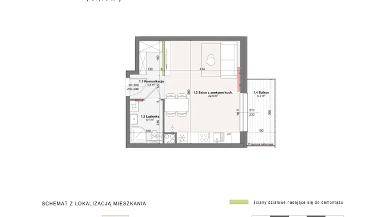 Rzut - Mieszkanie na sprzedaż 1 pokój o powierzchni 31,4 m² - numer A-4-11 w Rabatki etap II