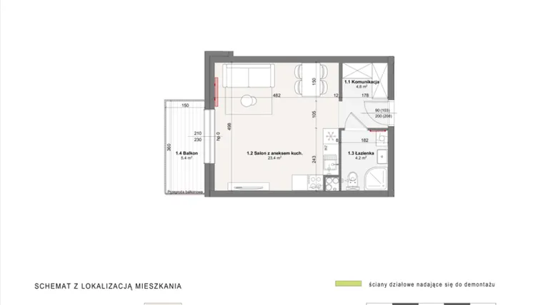 Rzut - Mieszkanie na sprzedaż 1 pokój o powierzchni 32,2 m² - numer A-4-25 w Rabatki etap II