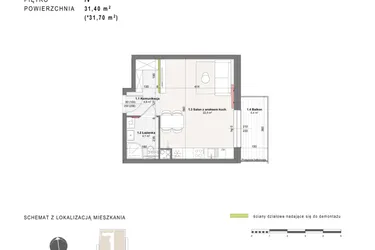 Rzut - Mieszkanie na sprzedaż 1 pokój o powierzchni 31,4 m² - numer A-4-29 w Rabatki etap II