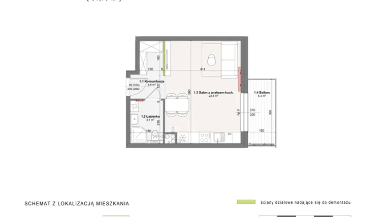 Rzut - Mieszkanie na sprzedaż 1 pokój o powierzchni 31,4 m² - numer A-4-29 w Rabatki etap II