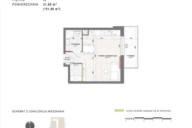 Rzut - Mieszkanie na sprzedaż 1 pokój o powierzchni 31,6 m² - numer A-4-28 w Rabatki etap II