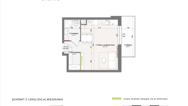 Rzut - Mieszkanie na sprzedaż 1 pokój o powierzchni 31,6 m² - numer A-4-28 w Rabatki etap II
