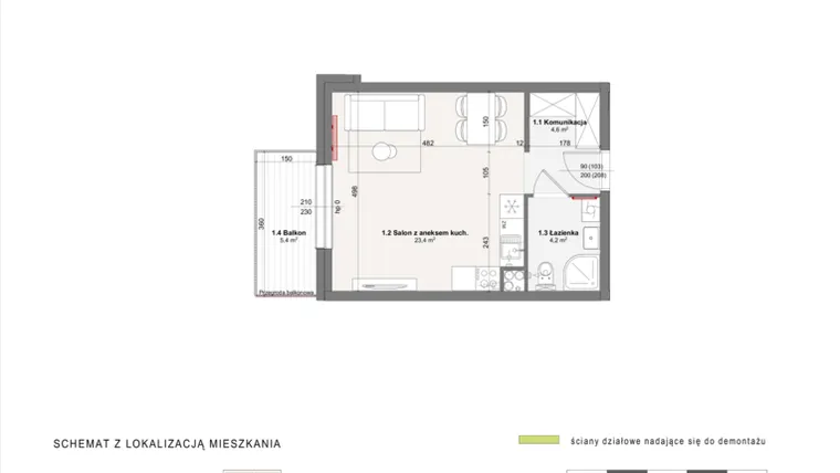 Rzut - Mieszkanie na sprzedaż 1 pokój o powierzchni 32,2 m² - numer A-4-34 w Rabatki etap II