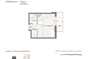 Rzut - Mieszkanie na sprzedaż 1 pokój o powierzchni 31,6 m² - numer A-4-37 w Rabatki etap II