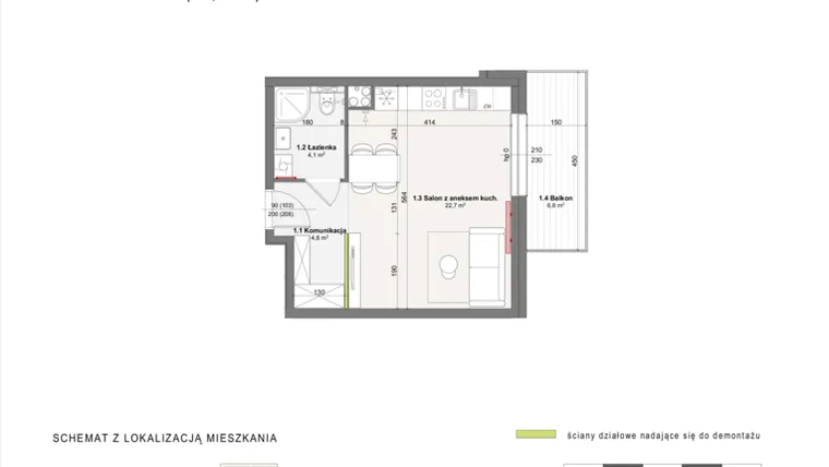 Rzut - Mieszkanie na sprzedaż 1 pokój o powierzchni 31,6 m² - numer A-4-37 w Rabatki etap II