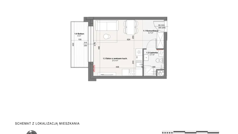 Rzut - Mieszkanie na sprzedaż 1 pokój o powierzchni 29,8 m² - numer B-2-8 w Rabatki etap II