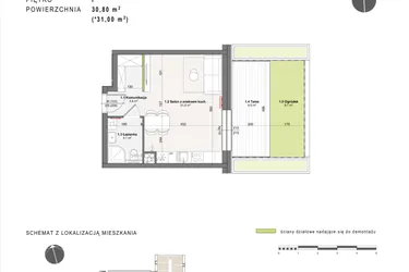 Rzut - Mieszkanie na sprzedaż 1 pokój o powierzchni 30,8 m² - numer B-2-10 w Rabatki etap II