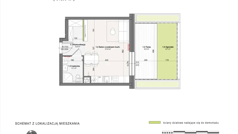 Rzut - Mieszkanie na sprzedaż 1 pokój o powierzchni 30,8 m² - numer B-2-10 w Rabatki etap II
