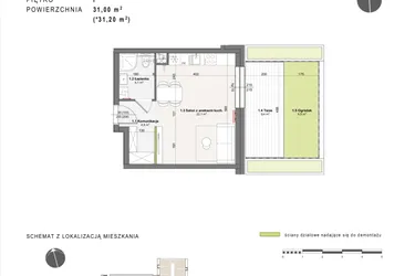 Rzut - Mieszkanie na sprzedaż 1 pokój o powierzchni 31 m² - numer B-2-11 w Rabatki etap II