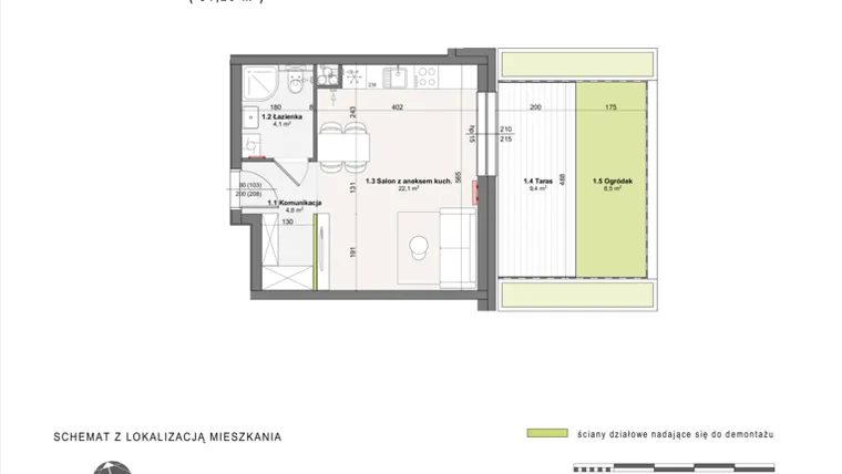 Rzut - Mieszkanie na sprzedaż 1 pokój o powierzchni 31 m² - numer B-2-11 w Rabatki etap II