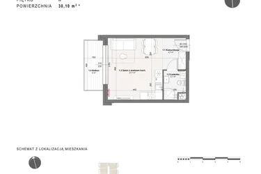 Rzut - Mieszkanie na sprzedaż 1 pokój o powierzchni 30,1 m² - numer B-2-17 w Rabatki etap II