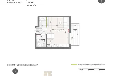 Rzut - Mieszkanie na sprzedaż 1 pokój o powierzchni 31 m² - numer B-2-19 w Rabatki etap II