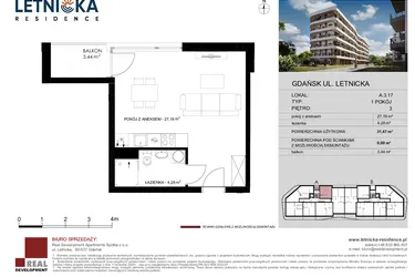 Rzut - Mieszkanie na sprzedaż 1 pokój o powierzchni 31,68 m² - numer A.3.17 w Letnicka Residence