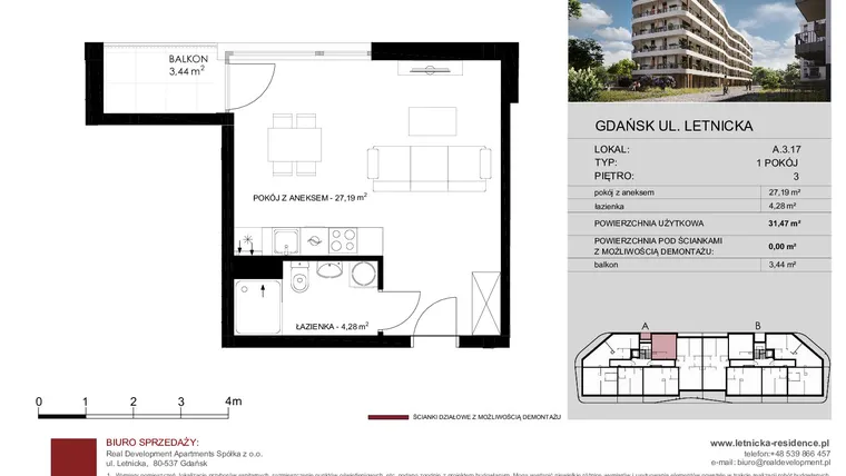 Rzut - Mieszkanie na sprzedaż 1 pokój o powierzchni 31,68 m² - numer A.3.17 w Letnicka Residence