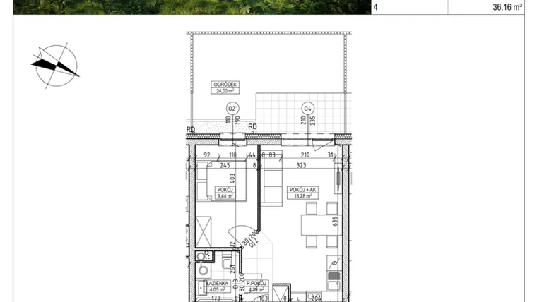 Rzut - Mieszkanie na sprzedaż 2 pokoje o powierzchni 36,16 m² - numer C8.00.04 w Osiedle Panorama Wiślana Etap VI - budynek C8