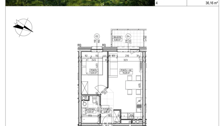 Rzut - Mieszkanie na sprzedaż 2 pokoje o powierzchni 36,16 m² - numer C8.01.13 w Osiedle Panorama Wiślana Etap VI - budynek C8