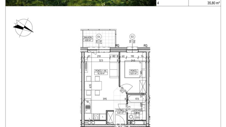 Rzut - Mieszkanie na sprzedaż 2 pokoje o powierzchni 35,8 m² - numer C8.01.16 w Osiedle Panorama Wiślana Etap VI - budynek C8