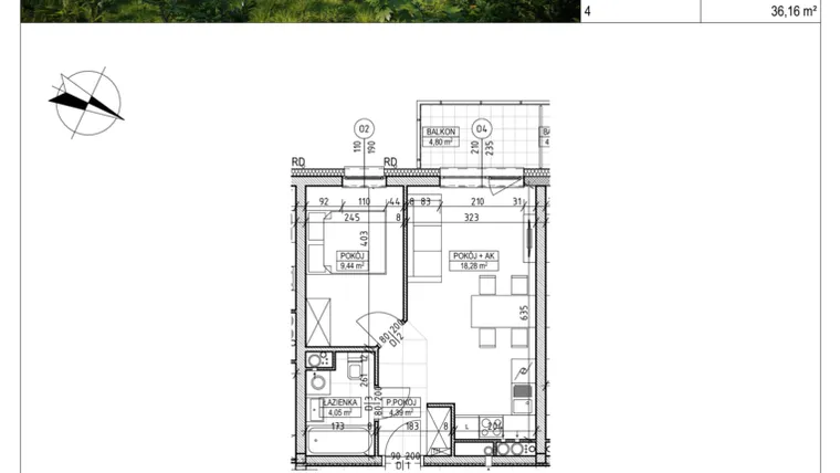 Rzut - Mieszkanie na sprzedaż 2 pokoje o powierzchni 36,16 m² - numer C8.02.23 w Osiedle Panorama Wiślana Etap VI - budynek C8