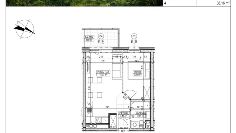 Rzut - Mieszkanie na sprzedaż 2 pokoje o powierzchni 36,16 m² - numer C8.02.24 w Osiedle Panorama Wiślana Etap VI - budynek C8