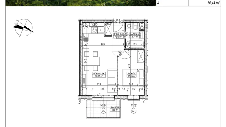Rzut - Mieszkanie na sprzedaż 2 pokoje o powierzchni 36,44 m² - numer C8.02.29 w Osiedle Panorama Wiślana Etap VI - budynek C8
