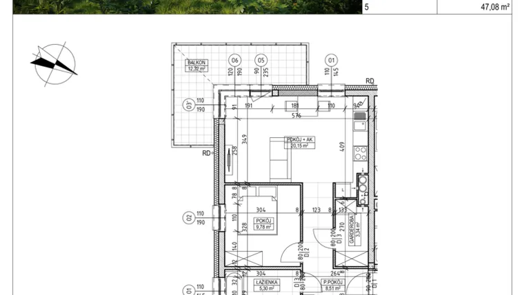 Rzut - Mieszkanie na sprzedaż 2 pokoje o powierzchni 47,08 m² - numer C8.01.12 w Osiedle Panorama Wiślana Etap VI - budynek C8