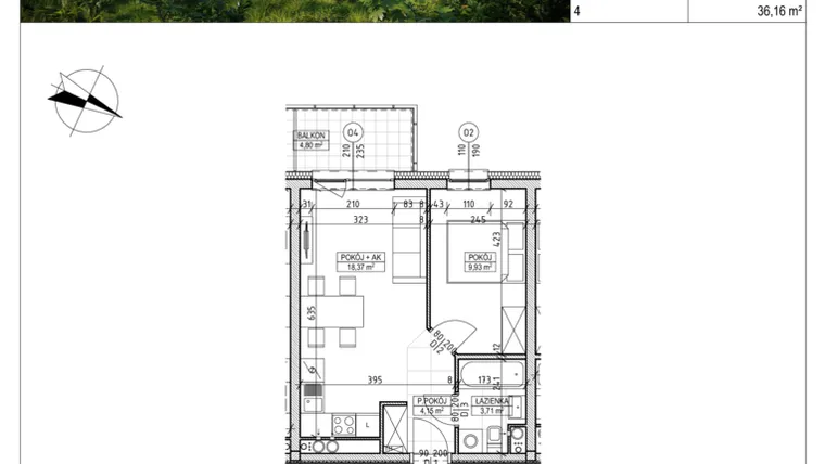 Rzut - Mieszkanie na sprzedaż 2 pokoje o powierzchni 36,16 m² - numer C8.03.34 w Osiedle Panorama Wiślana Etap VI - budynek C8