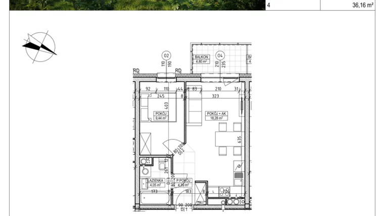 Rzut - Mieszkanie na sprzedaż 2 pokoje o powierzchni 36,16 m² - numer C8.03.33 w Osiedle Panorama Wiślana Etap VI - budynek C8