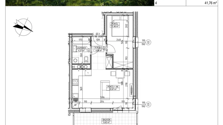 Rzut - Mieszkanie na sprzedaż 2 pokoje o powierzchni 41,76 m² - numer C8.03.38 w Osiedle Panorama Wiślana Etap VI - budynek C8